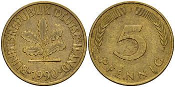 ФРГ 5 пфеннигов 1990 J J.382, KM 107 сталь плакированная латунью    4598-1113