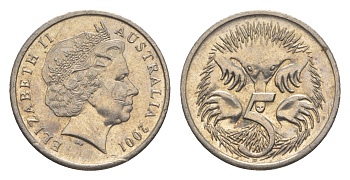 Австралия 5 центов 2001 Елизавета II (1952-2022), ехидна KM 401 медно-никель 4154-232