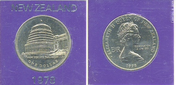 Новая Зеландия 1 доллар 1978 25 лет коронации Елизаветы II и открытие здания Парламента, Елизавета II (1952-2022), в оригинальной пластиковой упаковке KM 47 медно-никель UNC 06-059-11