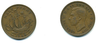 Великобритания 1/2 пенни 1948 Георг VI (1936-1952) KM 844, Spink 4115 бронза 4379-1135