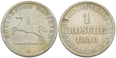 Брауншвейг-Каленберг-Ганновер 1 грош 1858 В, Георг V (1851-1866) KM 236, Jaeger 93, AKS 149 серебро 206-332