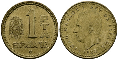 Испания 1 песета 1980 (82) Чемпионат мира по футболу в Испании 1982, Хуан Карлос I (1975-2014) KM 816 алюминиевая бронза 4138-1036