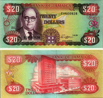 ЯМАЙКА 20 ДОЛЛАРОВ 1989 1 СЕНТЯБРЯ 1989, НОЕЛ НИТЕРЗОЛЕ, ЗДАНИЕ БАНКА ЯМАЙКИ, ПОДПИСЬ 9, TDLR Pick 72c бумага UNC (ПРЕСС) 7116-14-2-1