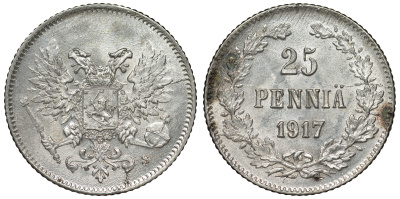 Россия для Финляндии 25 пенни 1917 S, временное правительство, без короны KM 19, Биткин 2 серебро аUNC 71-313