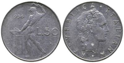 Италия 50 лир 1956 R, бог огня Вулкан у наковальни KM 95.1 нержавеющая сталь 85-115