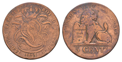 Бельгия 5 сантимов 1851 Леопольд I (1831-1865) KM 5 медь 4657-531