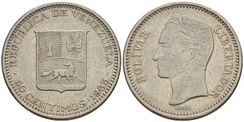 Венесуэла 50 сентимо 1965 Симон Боливар KM 41, Schon 51 никель 105-828