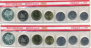 Австрия набор из 7 монет  1973  2, 5, 10, 50 грошей, 1, 5, 10 шиллингов, в целлофане KM PS 27 PROOF 4399-3-1