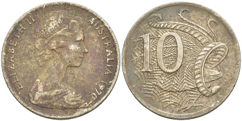 Австралия 10 центов 1970 Елизавета II (1952-), птица лирахвост KM 65 медно-никель 4521-216