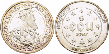 Бельгия 5 экю 1987 30 лет Римскому договору, Карл V Габсбург (1500-1558) KM 166 серебро UNC 413-1215