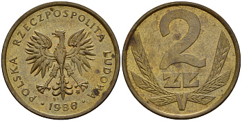 Польша 2 злотых 1986 MW KM 80.1 латунь    4161-1056