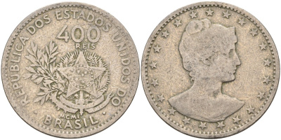 Бразилия 400 рейс 1901 голова свободы вправо KM 505 медно-никель 4367-146