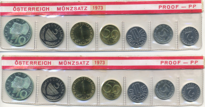Австрия набор из 7 монет  1973  2, 5, 10, 50 грошей, 1, 5, 10 шиллингов, в целлофане KM PS 27 PROOF 4399-3-1