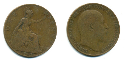Великобритания 1 пенни 1909 Эдуард VII (1901-1910) KM 794.2, Spink 3990 бронза 47-731
