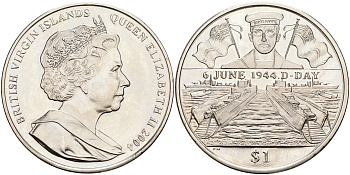 Британские Виргинские острова 1 доллар 2004 60 лет высадки десанта в Нормандии, D-DAY, морской флот KM 281 медно-никель	 UNC 107-421
