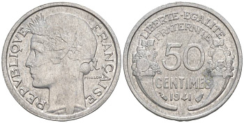ФРАНЦИЯ 50 САНТИМОВ 1941 ТИП MORLON LOURDE KM 894.1a, LE FRANC 193.2 алюминий 44-155