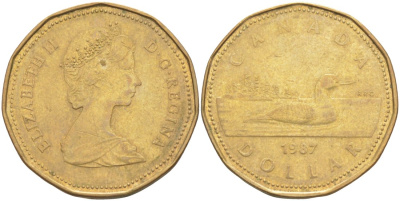 Канада 1 доллар 1987 Елизавета II (1952-2022), утка KM 157 никель плакированный алюминиевой бронзой 63-441