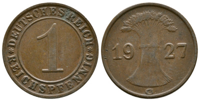 ГЕРМАНИЯ 1 РЕЙХСПФЕННИГ 1927 G KM 37, J. 313 бронза 4380-1143