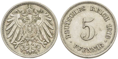 ГЕРМАНИЯ 5 ПФЕННИГОВ 1913 E KM 11, J. 12 медно-никель 105-162
