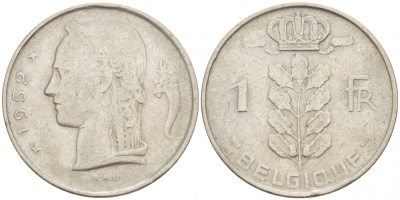 БЕЛЬГИЯ 1 ФРАНК 1951 BELGIQUE KM 142.1 медно-никель 3309-639
