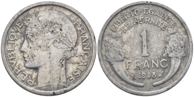 ФРАНЦИЯ 1 ФРАНК 1948 ТИП MORLON, LEGERE KM 885a.1, LE FRANC 221.13 алюминий 67-737