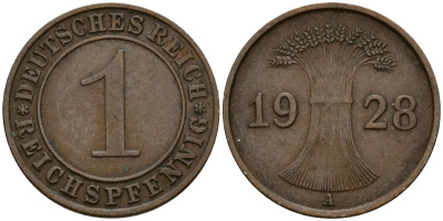 Германия 1 рейхспфенниг 1928 A KM 37, J. 313 бронза 4189-815