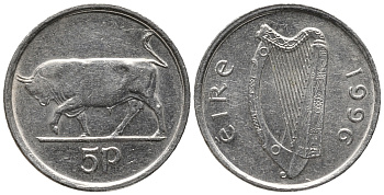 ИРЛАНДИЯ 5 ПЕНСОВ 1996 БЫК KM 28 медно-никель 100-1259