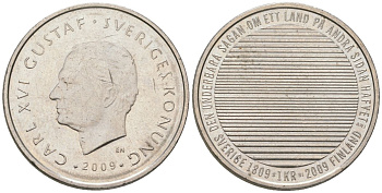 Швеция 1 крона 2009 SI, 200 лет разделению Финляндии и Швеции, Карл XVI Густав (1973-) KM 916 медно-никель 4561-437