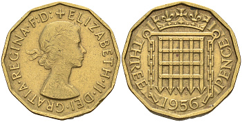 Великобритания 3 пенса 1956 Елизавета II (1952-2022) KM 900, Spink 4153 никель латунь   4150-422