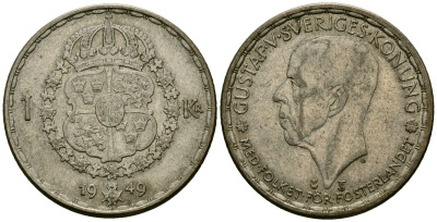 Швеция 1 крона 1949 TS, Густав VI Адольф (1950-1973) KM 814 серебро 4177-953