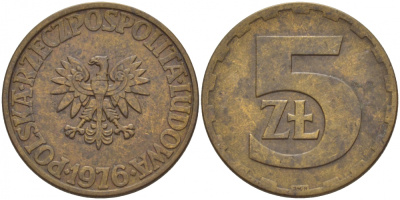 Польша 5 злотых 1976 монетный двор Ленинград (ЛМД) KM 81.1, Parchimowicz 221b латунь 4548-641