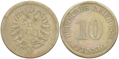 ГЕРМАНИЯ 10 ПФЕННИГОВ 1875 A, СТАРОГЕРБОВКА KM 4, J. 4, Weege 7 медно-никель 261-1221