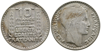 Франция 10 франков 1933 Пьер Тюрен KM 878, Le Franc 360.6 серебро 63-827