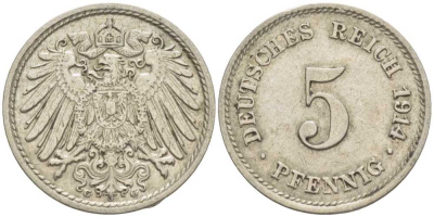 ГЕРМАНИЯ 5 ПФЕННИГОВ 1914 G KM 11, J. 12 медно-никель 105-217