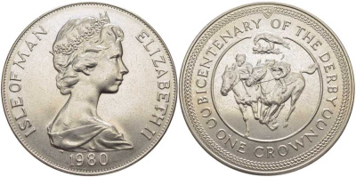 Остров Мэн 1 крона 1980 200 лет дерби, ипподромные скачки KM 63 медно-никель UNC 107-523