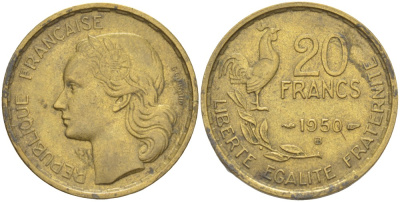 ФРАНЦИЯ 20 ФРАНКОВ 1950 В KM 917.2, LE FRANC 402.4 алюминиевая бронза 4525-1015