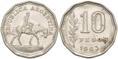 Аргентина 10 песо 1963 Гаучо KM 60 никелированная сталь 4514-943