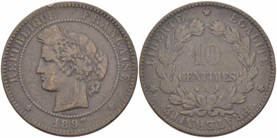 ФРАНЦИЯ 10 САНТИМОВ 1897 А, ТРЕТЬЯ РЕСПУБЛИКА (1871-1940) KM 815.1, LE FRANC 135.44 бронза 109-434