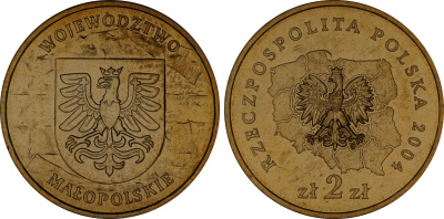 Польша 2 злотых 2004 MW, серия польские воеводства, Малопольское воеводство KM 488 нордик UNC 4676-135
