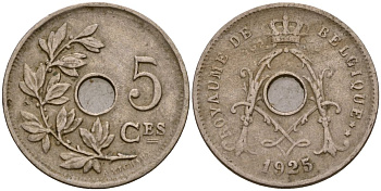 Бельгия 5 сантимов 1925 Король Альберт I (1910 - 1934) KM 66 медно-никель 4549-531