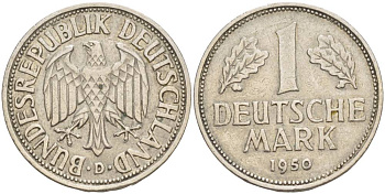 ФРГ 1 марка 1950 D KM 110, J. 385 медно-никель 4551-1231