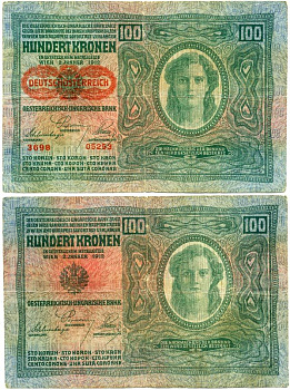 Австрия 100 крон 1912 (1919) красная надпечатка на Pick 12, на аверсе Pick 56 a бумага 444-60-1