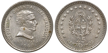 Уругвай 25 сентесимо 1960 KM 40 медно-никель 4169-922