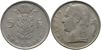 БЕЛЬГИЯ 5 ФРАНКОВ 1971 BELGIE KM 135.1 медно-никель 98-554