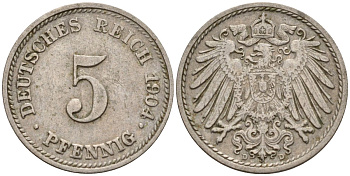 Германия 5 пфеннигов 1904 E KM 11, J. 12 медно-никель 4151-443