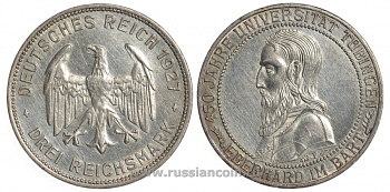Германия 3 марки 1927 F, 450 лет университету Тюбингена J. 328, KM 54 серебро aUNC 00-815-23