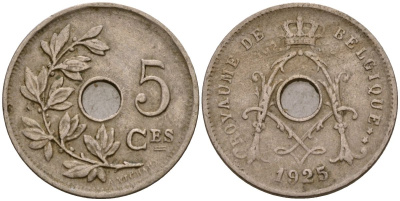 Бельгия 5 сантимов 1925 Король Альберт I (1910 - 1934) KM 66 медно-никель 4549-531