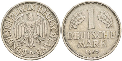 ФРГ 1 марка 1950 D KM 110, J. 385 медно-никель 4551-1231