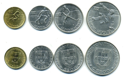 Португалия набор из 4 монет (1, 2,5, 5 и 25 эскудо) 1982 Чемпионат мира по хоккею на роликах KM 612, 613, 615 и 616   UNC  4670-1116-1117 N5-46