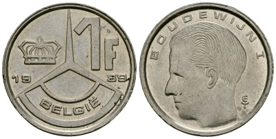 Бельгия 1 франк 1989 Belgie KM 171 сталь плакированная никелем 4173-1028